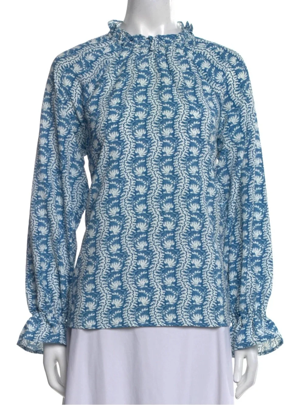 NWOT Hill House Millie Top Blouse Blue & White Mock Neck Coastal Size Large